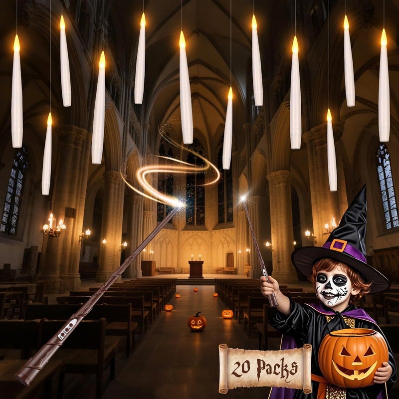 Palmatte Halloween Decorations Floating Candles with Wand: 20Pcs Flameless Floating Candles with LED Warm Lights Battery Operated Magic Candle for Birthday Gifts Halloween Party Decorations Indoor Home Decor - Image 1